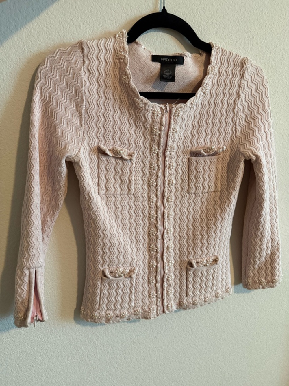 Arden B. Pink & Pearl Silk Zip Up Top